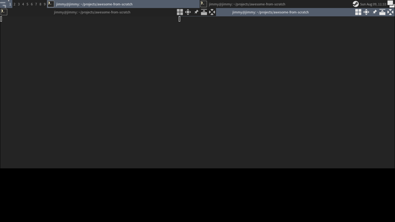 The stock config: two tiled terminals under the default bar