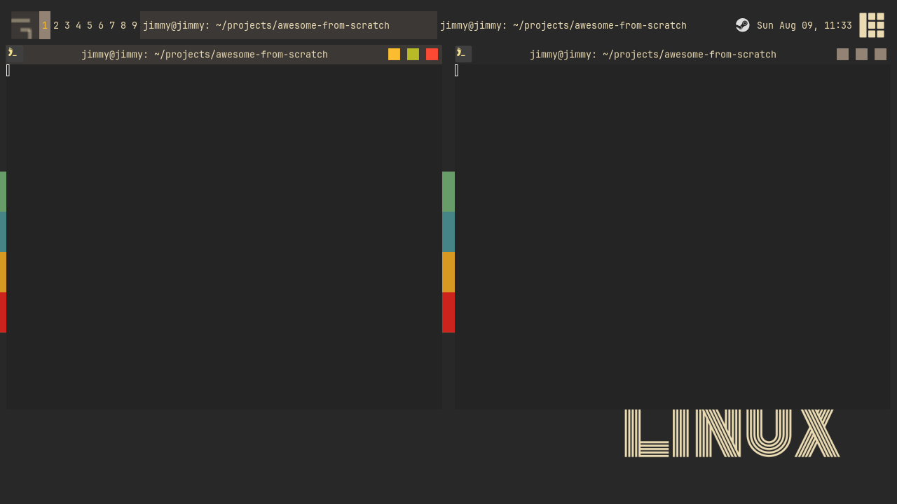 The same stock layout after the theme chapter: gruvbox colors, themed bar and borders