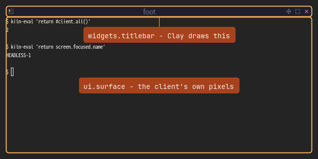 One window with its titlebar outlined and labelled widgets.titlebar, and its content area labelled ui.surface