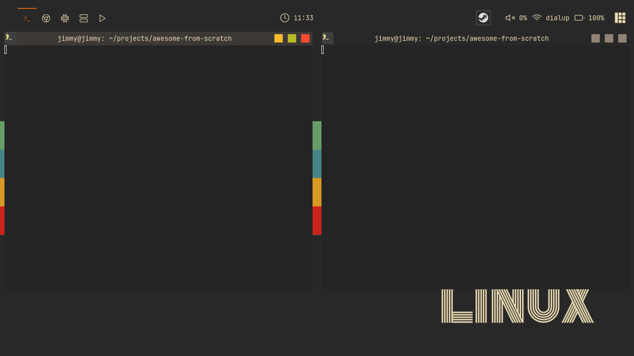 The custom wibar: icon taglist and prompt on the left, centered clock, systray, status widgets, and layoutbox on the right