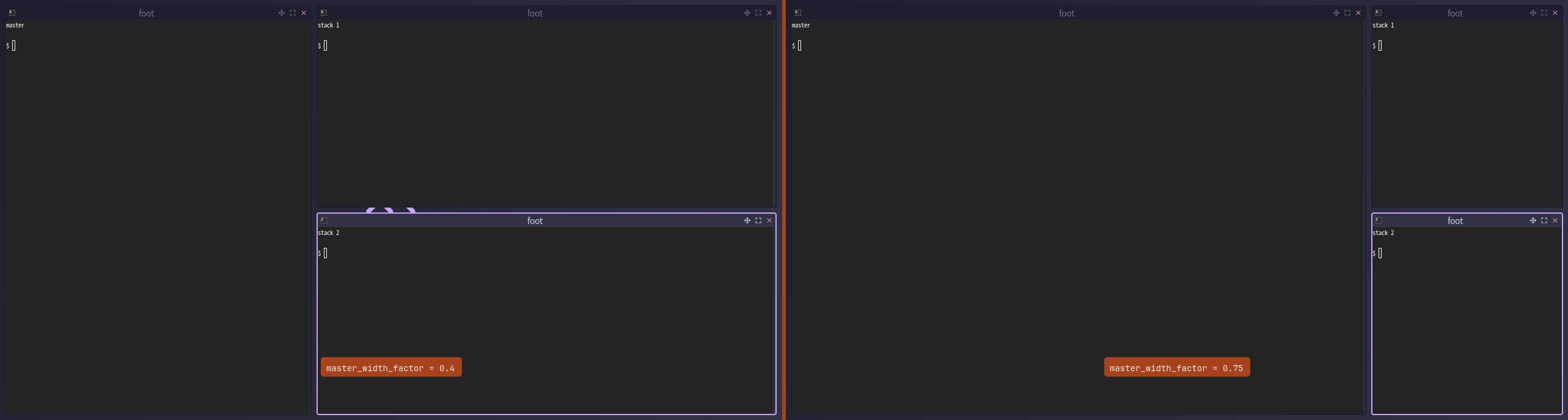 The same layout function at master_width_factor 0.4 and 0.75, with the master column visibly wider in the second