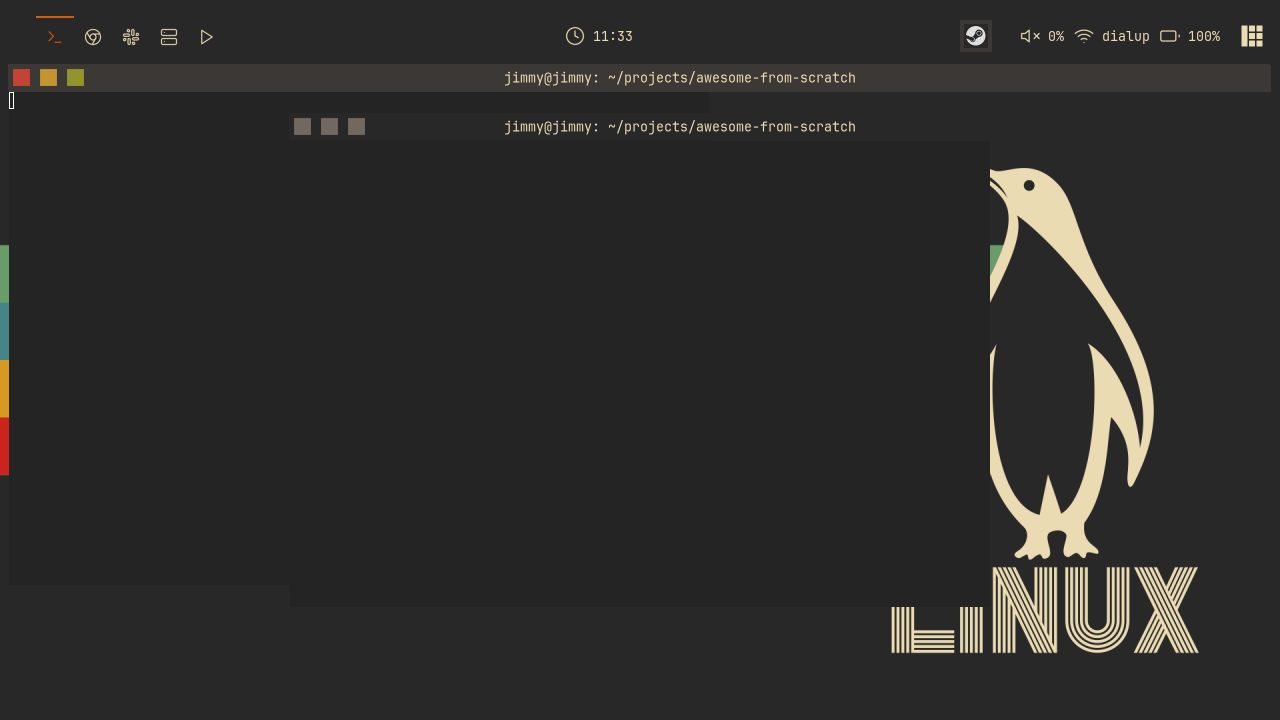 A floating terminal centered by a client rule, wearing the custom titlebar