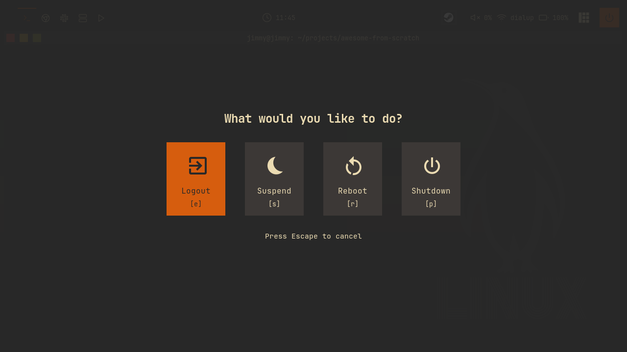 The exit screen: four labeled buttons with their shortcut keys over a dimmed desktop