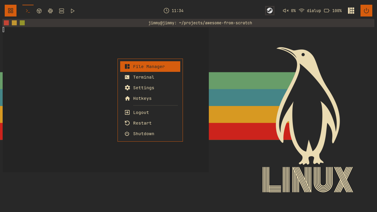 The main menu open at the cursor with app entries, hotkeys, and session actions