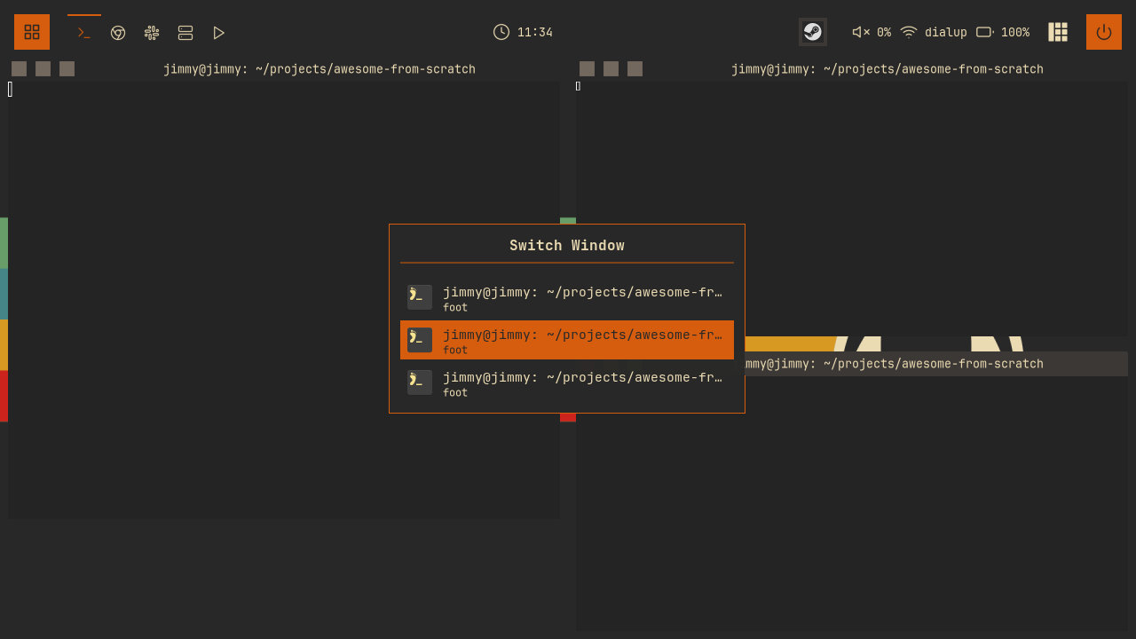 The window switcher listing three terminals in most-recently-used order with the second selected