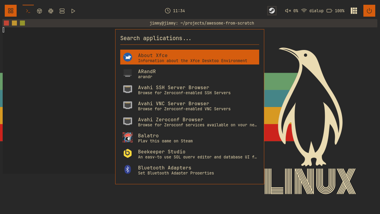 The launcher open with the application list, icons, and search prompt