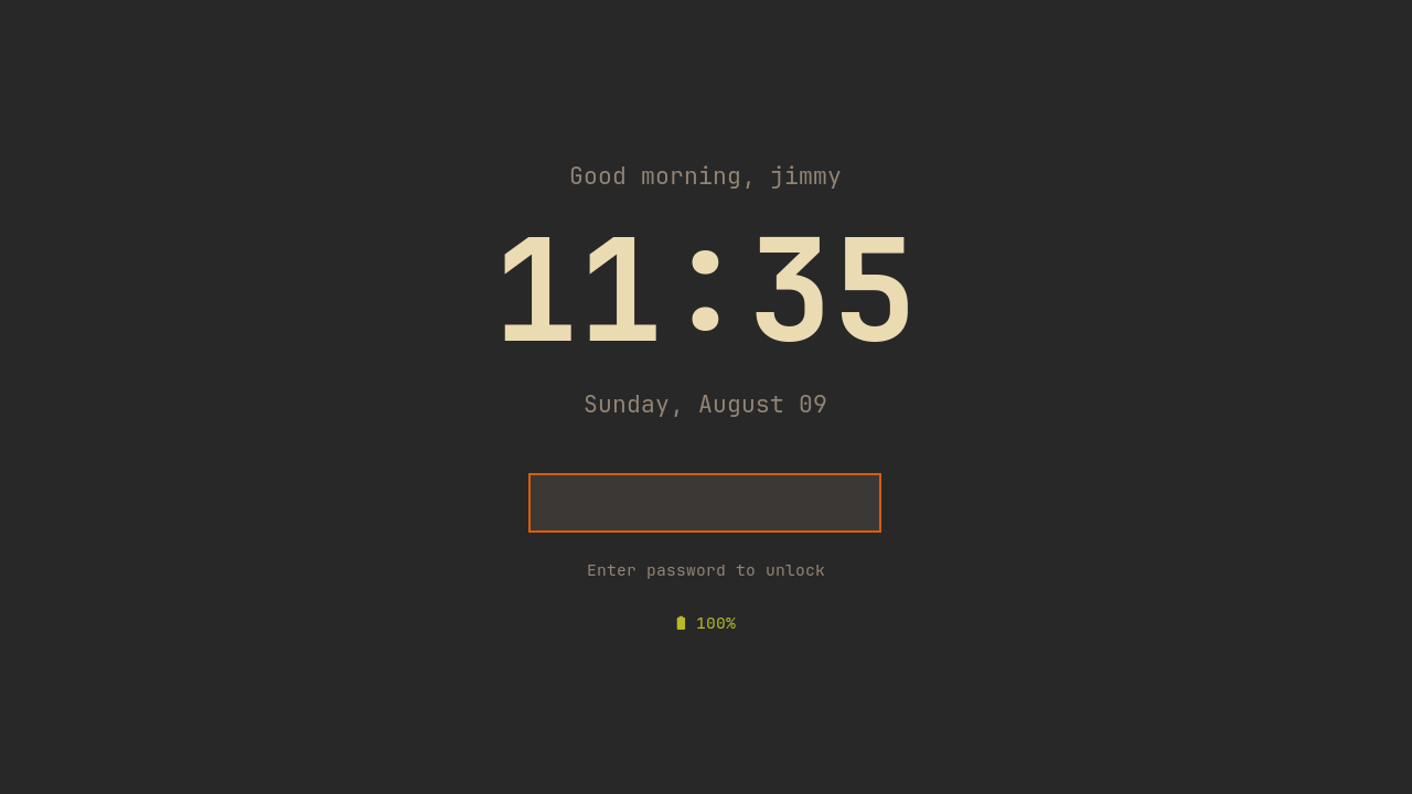 The lockscreen: greeting, large clock, date, password box, and battery status on a dark cover