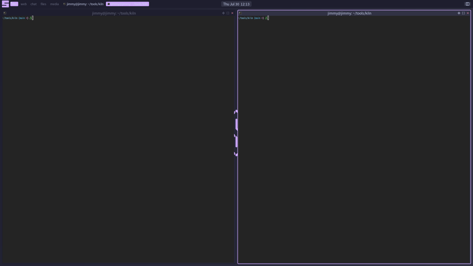 The default kiln desktop: two terminals tiled under the bar