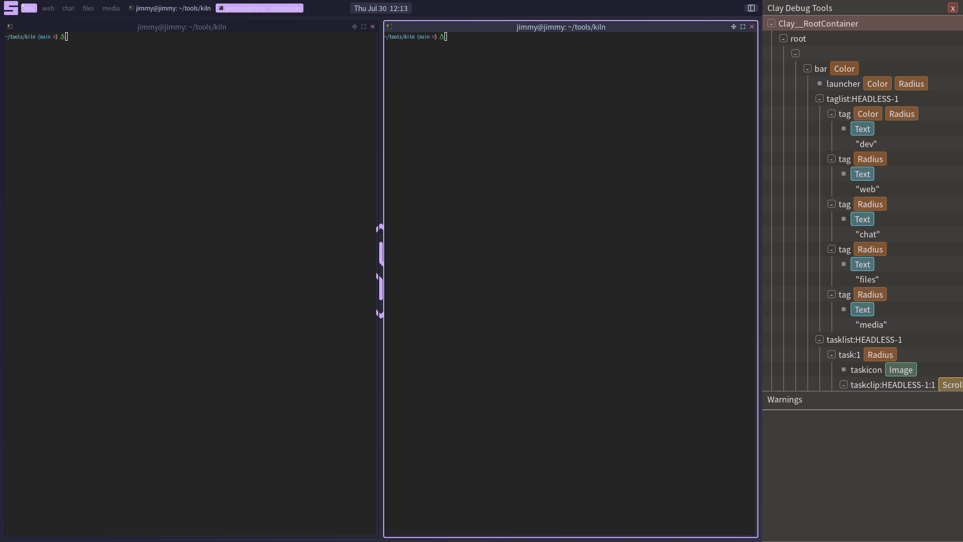 Clay's debug inspector open over the kiln desktop
