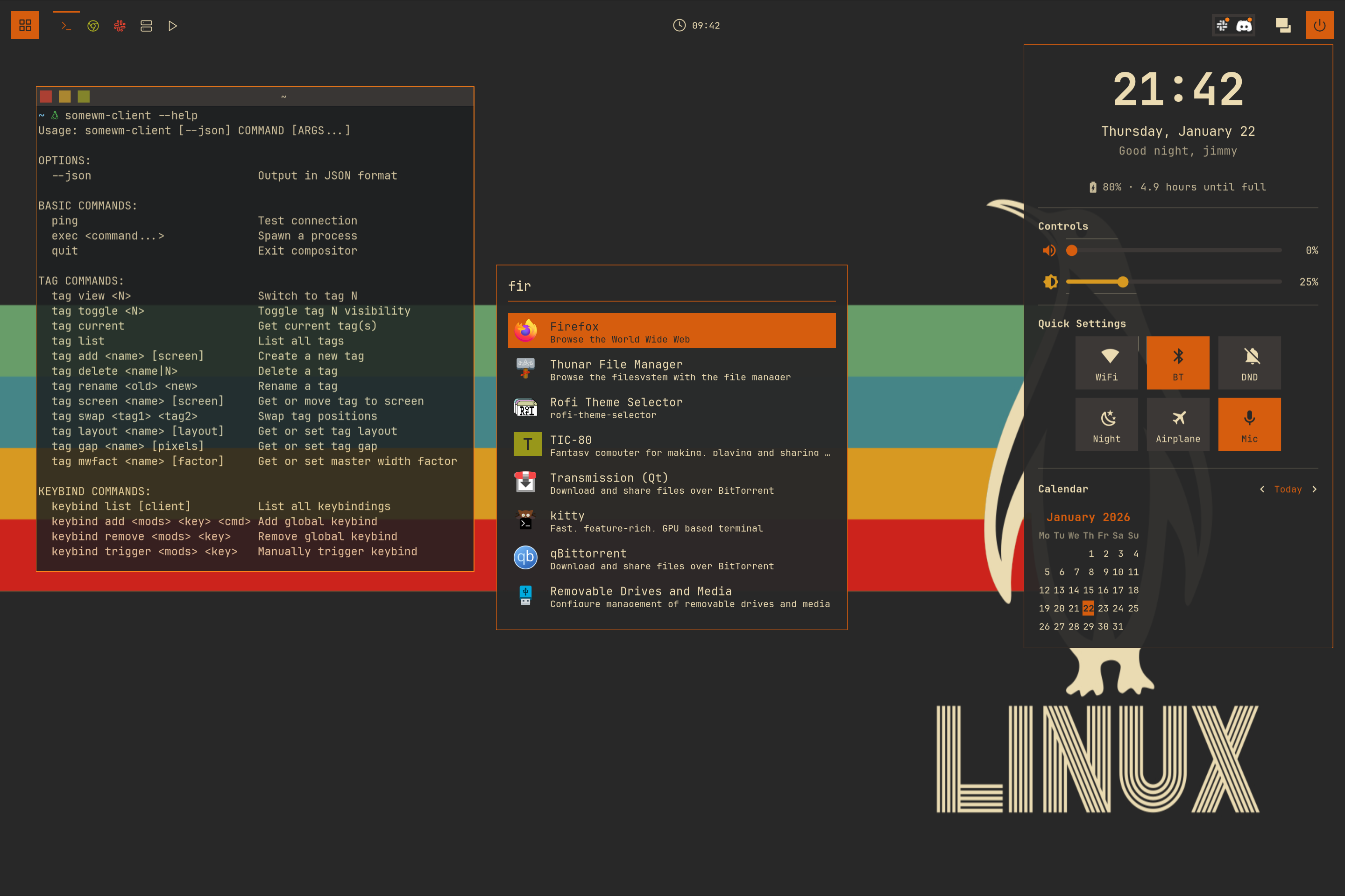 The finished desktop: tiled terminals under a themed bar, with the dashboard and launcher open
