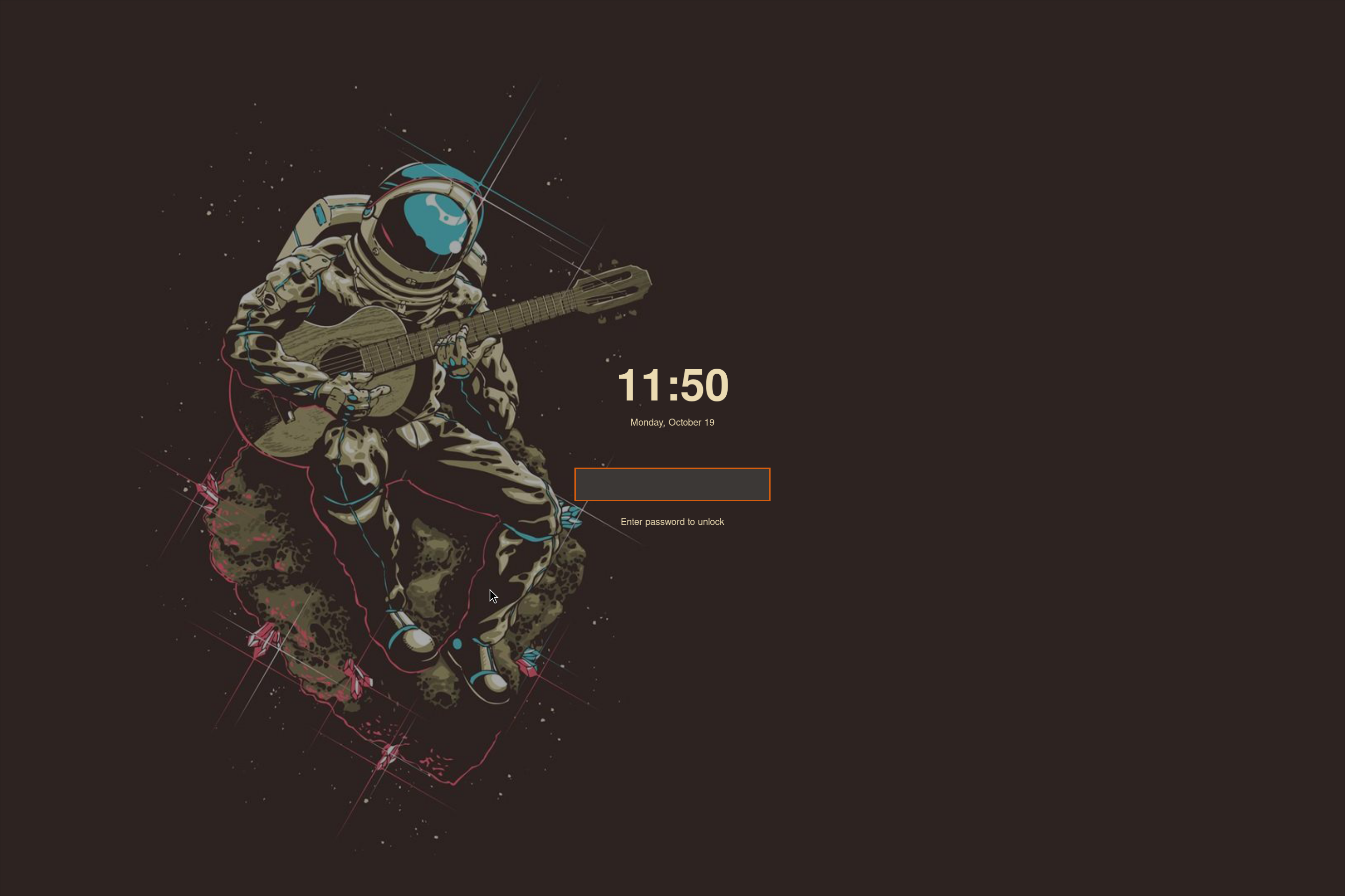 SomeWM's live lock screen with a gruvbox spaceman wallpaper filling the display behind a dimming overlay, clock and password panel.