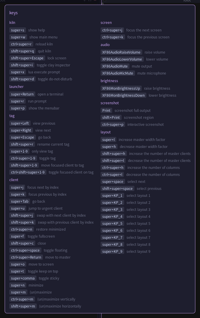 The hotkeys sheet listing every binding in the file, grouped: kiln, launcher, tag, client, screen, audio, brightness, screenshot, layout
