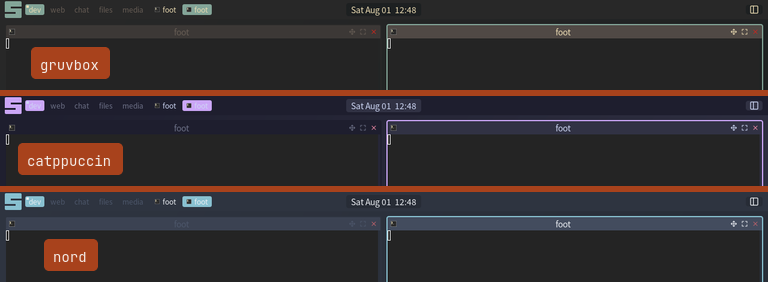 The same desktop under the gruvbox, catppuccin and nord palettes, stacked