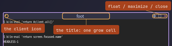 A floating client's titlebar with the icon, the growing title cell, and the float, maximize and close buttons called out