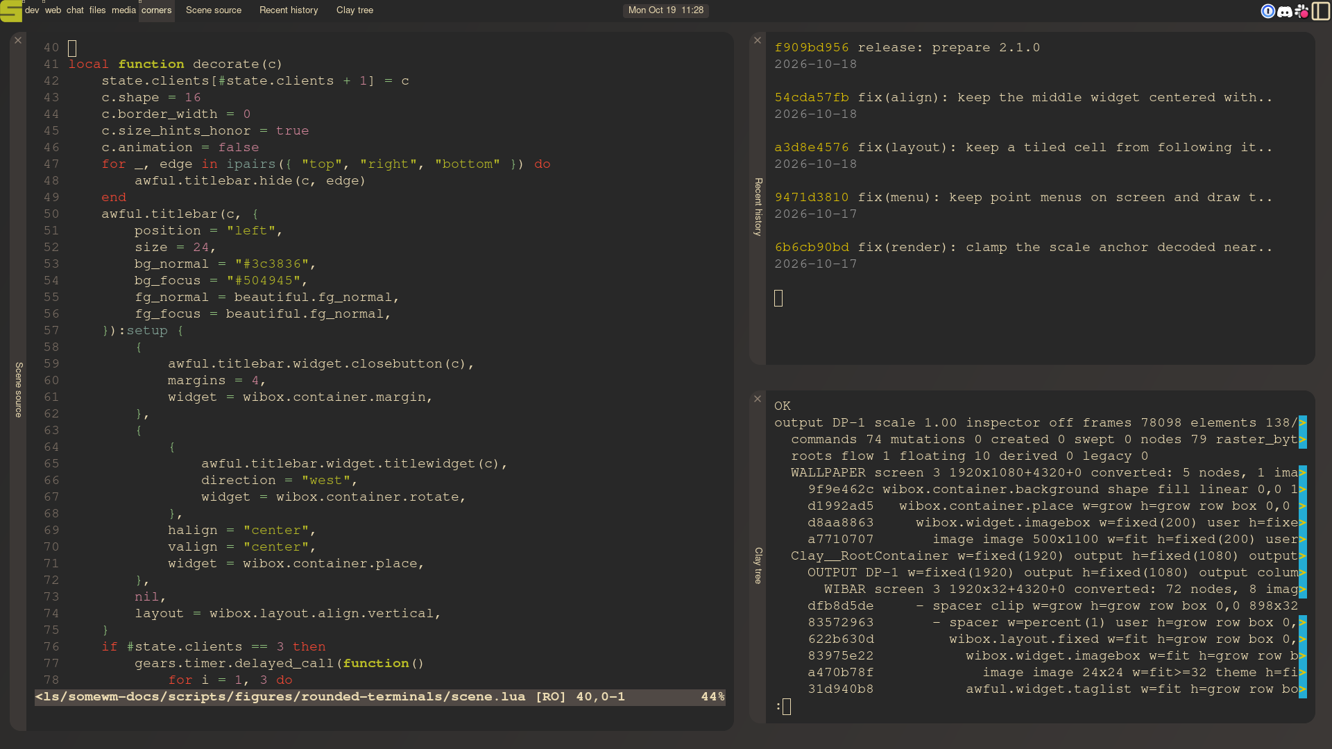 Three real terminals in a tiled layout, with gaps, rounded corners and slim titlebars along their left edges.